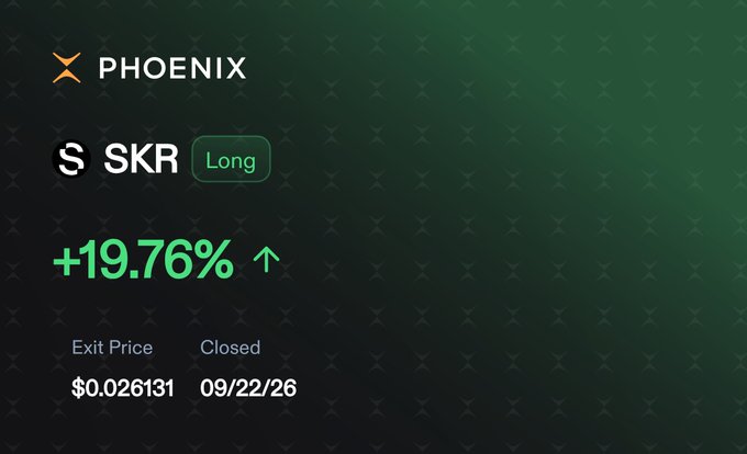 A dark green Phoenix trading platform screen showing a SKR long position with a +19.76% gain, an exit price of $0.02631, closed on 09/22/26.