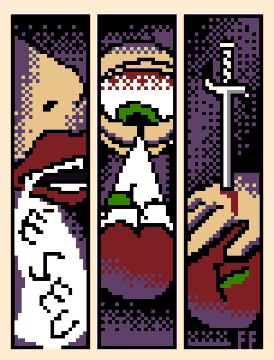 A triptych pixel art illustration showing, from left to right, a bearded man in profile, a figure with an obscured face, and a hand holding a sword that appears to be piercing an apple, with initials "FF" in the bottom right corner.