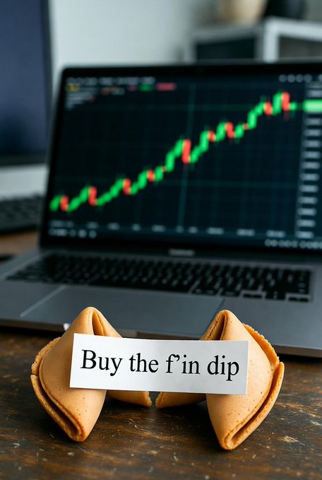 An open fortune cookie reveals a slip reading "Buy the f'in dip," propped in front of a laptop displaying a rising green and red candlestick chart. The playful "fortune" reinforces the post's directive to buy the dip on $BTC and $MSTR.
