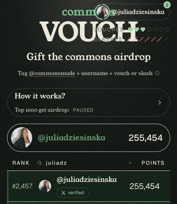 A screenshot of a 'commons' VOUCH/SLASH leaderboard showing user @juliadziesinska ranked #2,457 with 255,454 points.