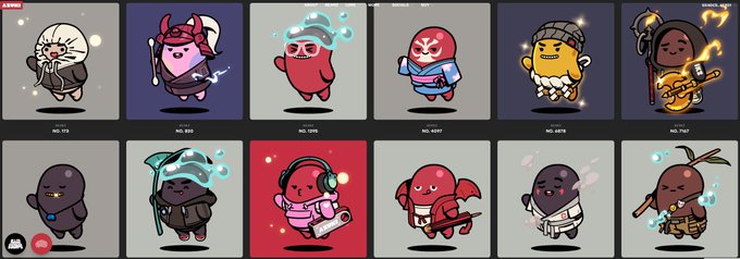 A grid of twelve cartoon bean-shaped character avatars with various costumes and accessories, labeled with codes like NO.173, NO.320, and NO.7447.