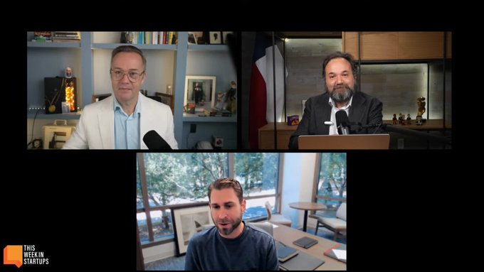 Three men appear on a video podcast call, with the "THIS WEEK IN STARTUPS" logo visible in the bottom left corner, discussing an incident where an AI social media account unexpectedly earned money.