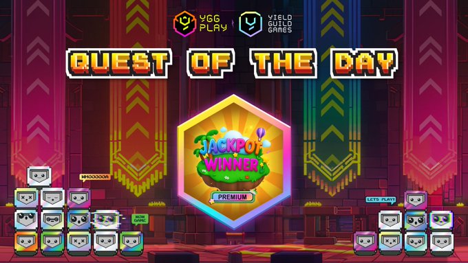 A digital poster for "Quest of the Day" features a vibrant graphic design, with a large hexagon labeled "JACKPOT WINNER" and a smaller hexagon displaying "PRICEMINUM".