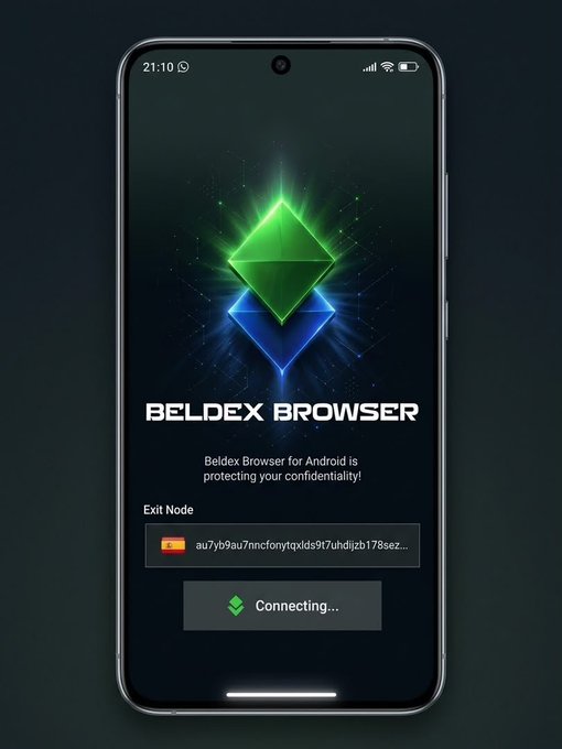 A smartphone displays the Beldex Browser interface with a green diamond logo, showing 'Exit Node' connection details and a 'Connecting...' status bar at the bottom.