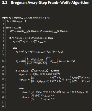 The image displays the pseudocode for the "3.2 Bregman Away-Step Frank-Wolfe Algorithm," outlining a mathematical optimization procedure with iterative steps involving gradients, projections, and parameter updates. It relates to the post by showing the technical algorithm behind the trader's successful bot, which generated $1,720,273 on Polymarket using advanced optimization techniques like Frank-Wolfe and Bregman projections.