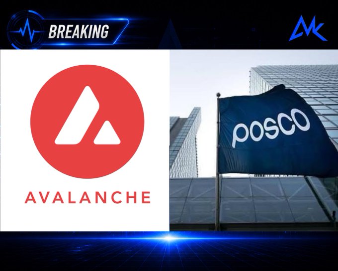 A breaking news graphic shows the Avalanche (AVAX) logo on the left and a POSCO flag waving in front of a modern building on the right.