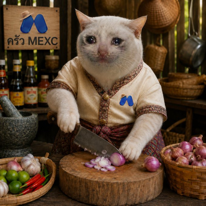 A whimsical AI-generated image of a white cat dressed in traditional Thai clothing, chopping shallots on a wooden block, with a MEXC cryptocurrency logo sign hanging in the background and baskets of garlic, limes, and chilies around it.