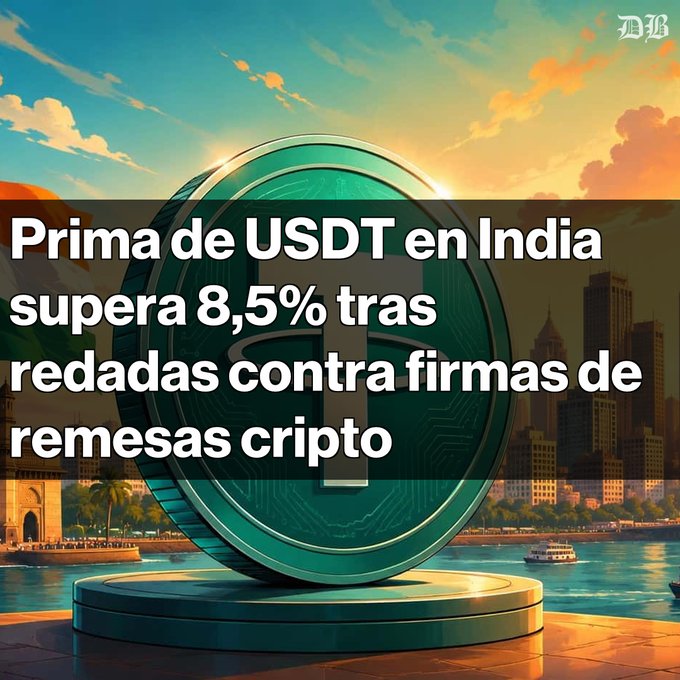 A crypto news graphic with Spanish text 'Prima de USDT en India supera 8,5% tras redadas contra firmas de remesas cripto' over an image of a USDT coin and an Indian cityscape.