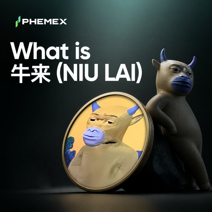 The image displays a Phemex educational graphic featuring a 3D-rendered character of a stylized ox/bull with blue-tinted facial features alongside a large gold coin bearing the same character's image. The text reads "What is 牛来 (NIU LAI)," introducing the meme coin mentioned in the post, which is a BNB Chain token inspired by a viral Chinese animated film and has gained significant traction in crypto trading circles.