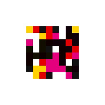 A pixel-art style logo featuring a blocky design in pink, red, black, yellow, and white colors, possibly representing a brand or symbol.