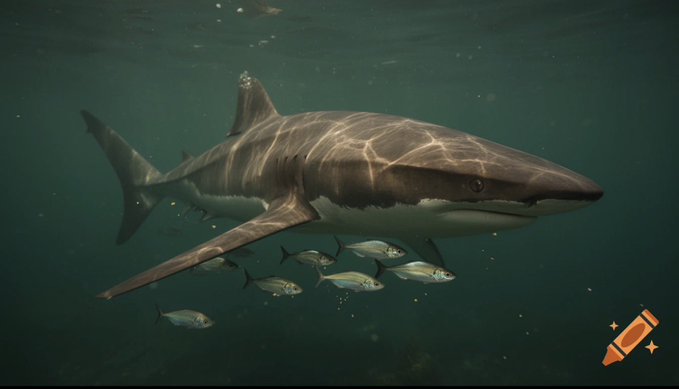A shark swims underwater surrounded by a school of small fish, visually representing the "whales" mentioned in the post. The accompanying text discusses following whale money into the $TUT token on BNB Chain, using the shark imagery as a metaphor for large crypto investors driving price movements ("candles") in meme sectors.