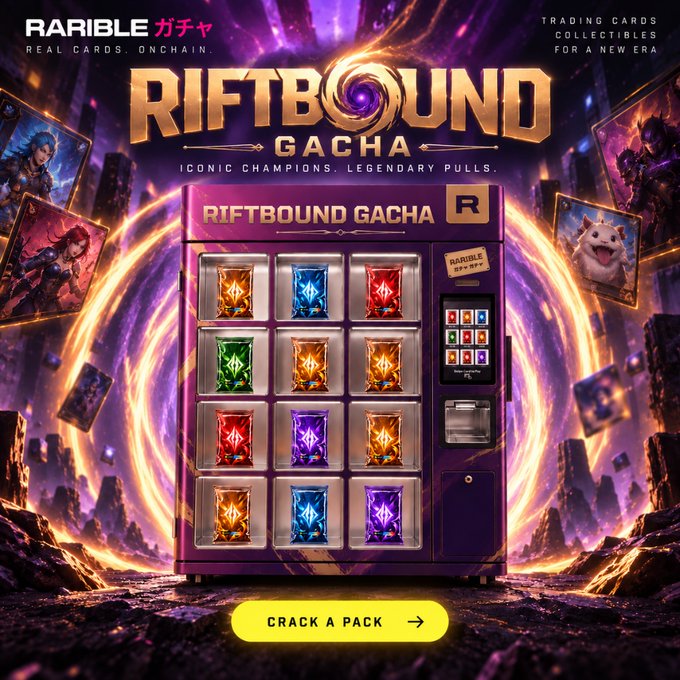 A promotional banner for "RIFTBOUND GACHA" on Rarible Gacha features a purple vending machine displaying colorful card packs with a "Crack a Pack" call-to-action button, set against a fiery portal backdrop with trading cards floating around it. The ad invites League of Legends/Riftbound fans to enter the world of Runeterra through digital trading card packs.