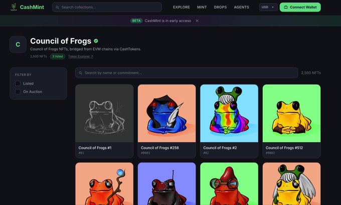 A screenshot of the CashMint NFT marketplace displays the 'Council of Frogs' collection of 2,500 NFTs, showing colorful cartoon frog characters with various accessories.
