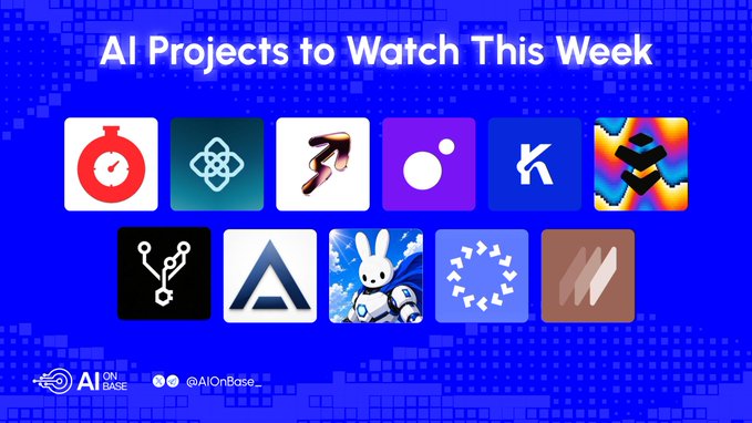An AI On Base graphic titled 'AI Projects to Watch This Week' displaying twelve colorful app and project logos.