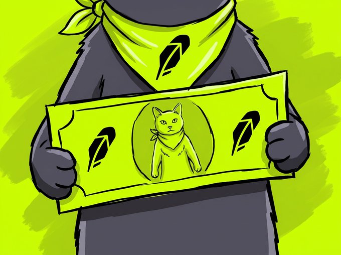 A stylized cartoon illustration of a gorilla character wearing a yellow bandana, holding a yellow dollar bill featuring a cat in the center and feather/quill logos on the sides.