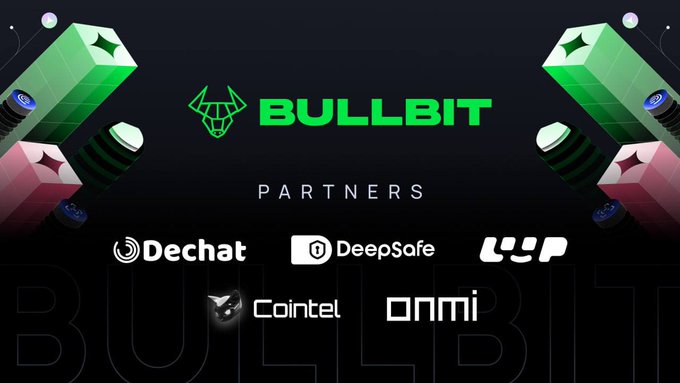 The image features a poster with a black background, featuring multiple 3D designs of bulls and bulls-like symbols within the borders of blocks. The text "Bullbit" can be seen at the top center of the poster. Below this, there are eight logos, all in different colors, creating an interesting visual effect on the poster's surface. Additionally, a post with the title "New Bullbit: Airdrop: Bullbit (Official Bot & Listing On Top CEX Soon) Reward: 30 BUBI (~$4) News: Backers, Coinmarketcap Distribution date: July 5th". The focus of this image is on promoting the new Bullbit 3D-style logo and informing people about the upcoming airdrop rewards.