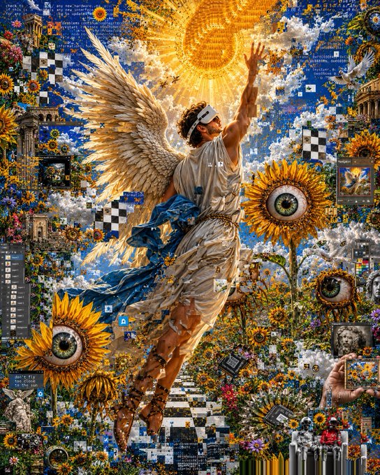 A vibrant digital collage featuring an angelic winged figure reaching toward a radiant sun, surrounded by sunflowers, classical architecture, and Van Gogh's Starry Night elements.