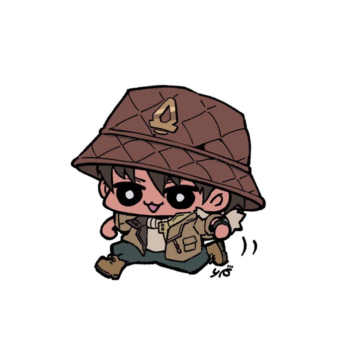 A chibi-style cartoon character wears an oversized brown woven hat with a logo, a tan jacket, and appears to be running playfully.