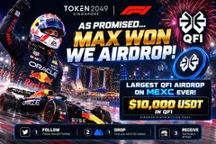 F1 driver Max Verstappen celebrates a Singapore Grand Prix win, alongside promo text promoting a $10,000 USDT QFI airdrop on MEXC exchange in partnership with TOKEN2049, visually tying the race victory to the promised cryptocurrency giveaway.