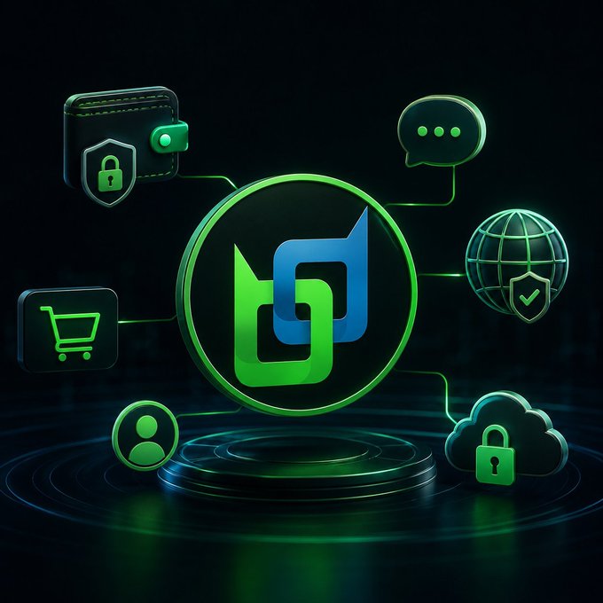 A stylized 3D graphic showcasing a green and blue interconnected logo symbol surrounded by icons representing various services like security, messaging, shopping, user profile, and cloud storage.