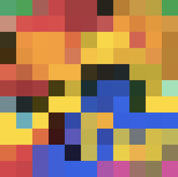 An abstract, pixelated grid composed of square blocks in various colors including red, yellow, blue, brown, black, green, and purple.