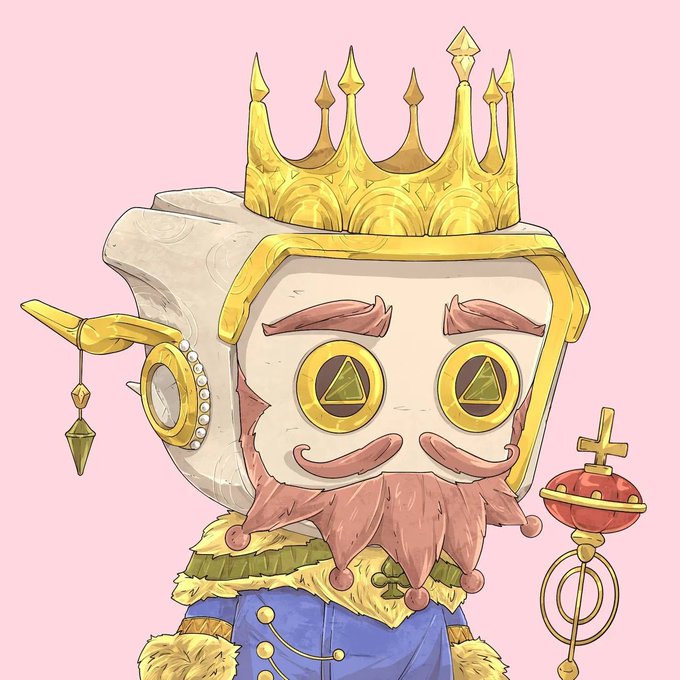 An anime-style illustration of a king character with a blocky, stone-textured head featuring triangular eyes and a mustache, wearing a golden crown and blue royal robes with fur trim against a pink background.