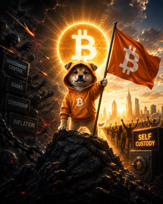 A dramatic illustration of a Shiba Inu dog wearing an orange Bitcoin hoodie holding a Bitcoin flag, standing on a rocky peak with signs labeled 'GOVERNMENT CONTROL', 'BANKS', 'CENSORSHIP', 'INFLATION', and 'SELF CUSTODY'.