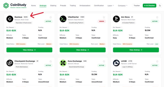 A CoinStudy platform screenshot displays a grid of active crypto airdrop listings, with a red arrow highlighting the Nucleus ($NUC) airdrop card—showing an estimated reward of $1K–$2K, Medium difficulty, 3 steps, and Confirmed token status—as well as other campaigns like VibeStarter (VIBES, Ended), Arc Nova (IP), Checkpoint Exchange, Kuru Exchange (KURU), and LRVM (LTTM), aligning with the post's emphasis on Nucleus being a featured opportunity the platform shared early.