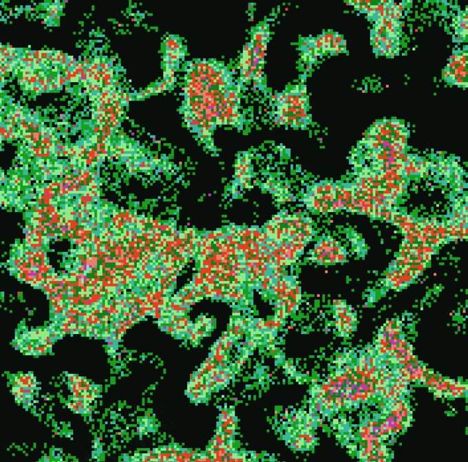 An abstract pixelated image with a chaotic mix of red, green, and teal pixels scattered across a black background.