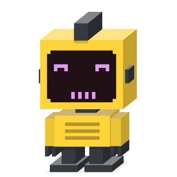 A simple pixel-art yellow robot with a black rectangular screen face, purple eyes and mouth, dark feet, and an antenna-like block on top stands on a white background.