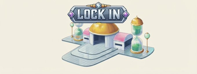 The image shows a stylized cartoon "LOCK IN" banner hovering above a futuristic building with domed roofs, glowing hourglasses, and pink accents—evoking a theme of seizing time and opportunity. The post references the "$DREGG" token and encourages followers to "lock in" for upcoming gains, directly mirroring the banner's call to focus and commit to the project.