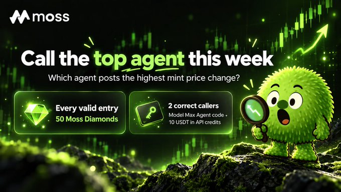 A promotional graphic for 'moss' featuring a green fuzzy mascot holding a magnifying glass, with text 'Call the top agent this week' and details about rewards including 50 Moss Diamonds and Model Max Agent codes.