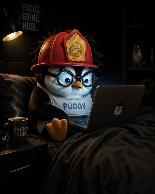 An anthropomorphic penguin wearing a red firefighter helmet and a "PUDGY" shirt sits in a dark room using a laptop, with a "FOCUS. GRIND. HODL." sign and a "PUDGY FUEL" mug nearby.