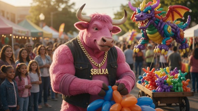 An AI-generated image of a large pink bull mascot wearing a gold chain labeled '$BULKA' and a black vest, twisting a balloon animal at what appears to be a fair or festival with crowds, tents, and a colorful dragon balloon display in the background.