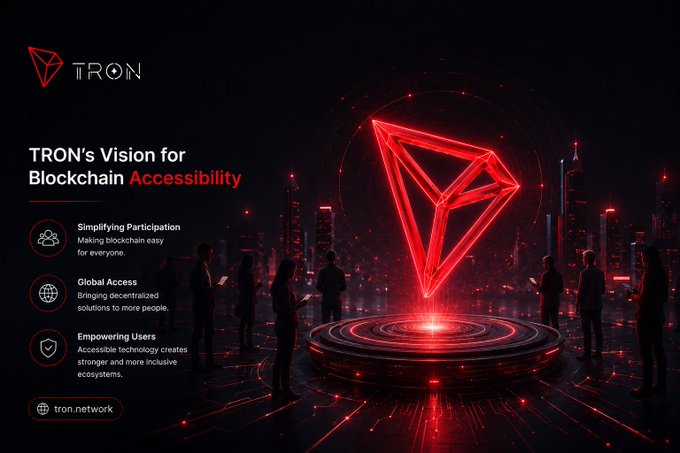 Promotional banner for TRON titled 'TRON's Vision for Blockchain Accessibility,' highlighting Simplifying Participation, Global Access, and Empowering Users, with the URL tron.network.