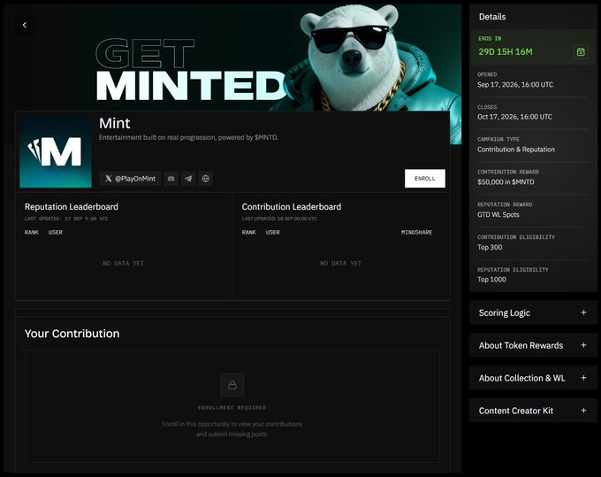 A 'GET MINTED' dashboard for 'Mint' token, showing details like 29D 15H 16M until end, $50,000 in $MNTD contribution reward, and 290 WL Spots for reputation reward, with empty leaderboards.