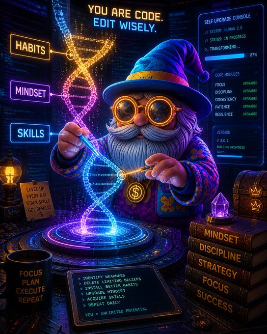 A vibrant digital artwork of a wizard character editing a glowing DNA helix, with text 'YOU ARE CODE. EDIT WISELY.' and panels showing 'SELF UPGRADE CONSOLE' (HUMAN 2.0, TRANSFORMING 87%), core modules like FOCUS and DISCIPLINE as 'UPGRADED', and to-do lists for mindset, discipline, strategy, focus, and success.