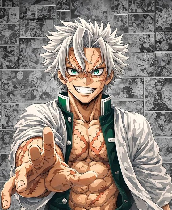 A dynamic anime-style illustration of a muscular character with white hair, green eyes, and a wide grin, set against a backdrop of manga panels.
