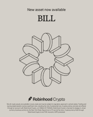 Robinhood Crypto ad announcing that a new asset called BILL is now available for trading, featuring a circular arrangement of 3D letters.