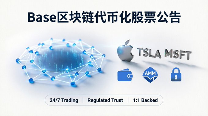 A promotional graphic titled "Base区块链代币化股票公告" featuring a blockchain network visualization alongside Apple, TSLA, and MSFT logos, with features listed as 24/7 Trading, Regulated Trust, and 1:1 Backed.
