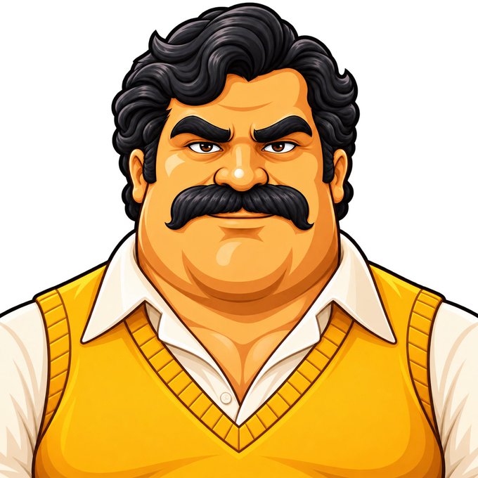 A cartoon illustration of a stern-looking, mustachioed man in a yellow sweater vest with a white collared shirt, evoking a classic "cartel boss" aesthetic that visually matches the "Cartel King" theme of the promotional post announcing a new game release with 20,000X potential on Roobet, Stake, and Engine platforms.