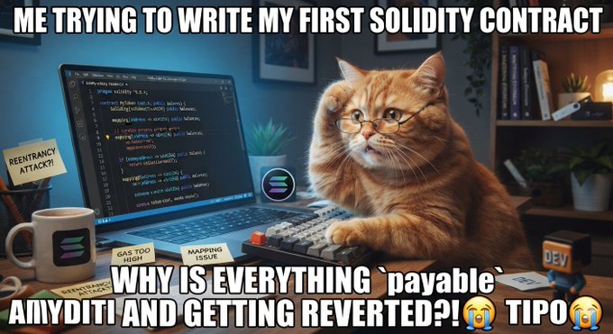 A meme featuring a confused orange cat wearing glasses at a laptop with code, captioned 'ME TRYING TO WRITE MY FIRST SOLIDITY CONTRACT' at the top and 'WHY IS EVERYTHING 'payable' AND GETTING REVERTED?!' with crying emojis at the bottom, surrounded by sticky notes reading 'REENTRANCY ATTACK?!', 'GAS TOO HIGH?!', and 'MAPPING ISSUE'.