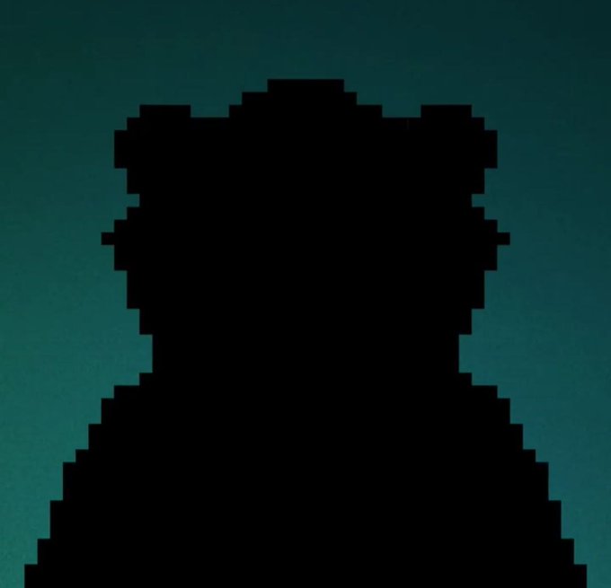 A dark, pixelated silhouette of a person's head and shoulders against a grainy, dark teal background.