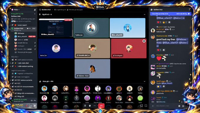 A screenshot of a Discord voice chat interface called 'Rialo' featuring an anime-style border, with a video call grid showing several participants and a chat panel on the right.