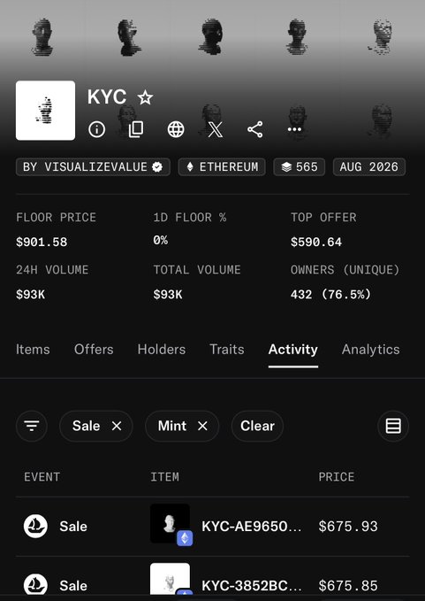 A mobile screenshot of an NFT marketplace showing the KYC collection by visualizevalue on Ethereum with a floor price of $901.58, 565 items, and recent sale activity for items like KYC-AE9650...