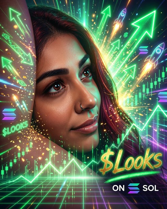 Promotional artwork for the cryptocurrency $LOOKS on Solana, featuring a woman's face surrounded by rockets, arrows, and green candlestick charts.