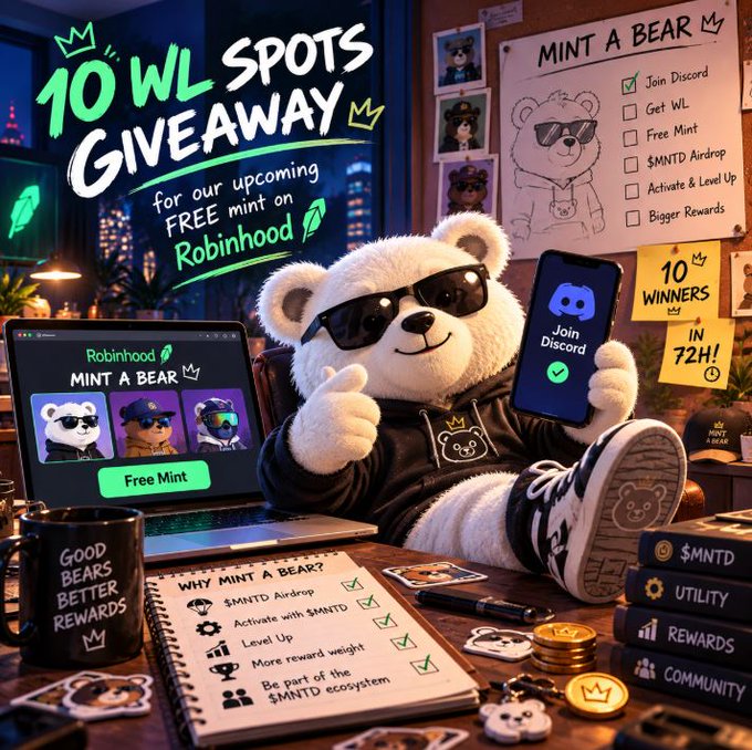 A promotional graphic for a '10 WL SPOTS GIVEAWAY' for a free mint on Robinhood, featuring a teddy bear with sunglasses holding a phone showing the Discord join screen, with checklist items for joining Discord, getting WL, free mint, $MNTD airdrop and rewards.