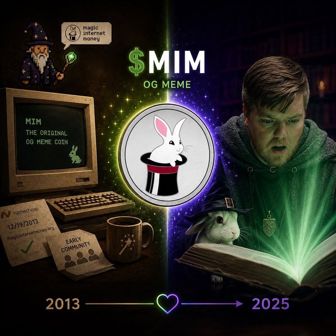 A promotional graphic for '$MIM OG MEME' featuring a magician, an old computer, and a rabbit in a hat, with text 'magic internet money,' 'THE ORIGINAL OG MEME COIN,' and a timeline from 2013 to 2025.
