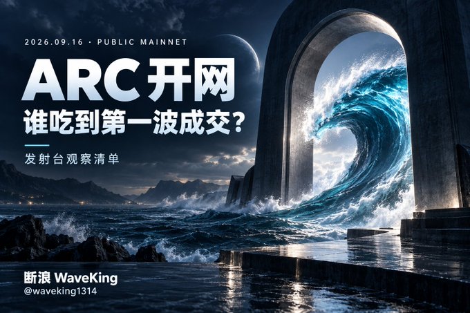 The image is a dramatic promotional graphic announcing "ARC 开网" (ARC goes live) on 2026.09.16 for Public Mainnet, with the Chinese tagline "谁吃到第一波成交?" (Who gets the first wave of trades?). It depicts a powerful ocean wave crashing through a stone archway, symbolizing the incoming rush of trading activity at ARC's launch. The graphic is branded "断浪 WaveKing" (@waveking1314), aligning with the post's theme of identifying which launchpads will capture the first wave of token trading volume after ARC's mainnet debut.