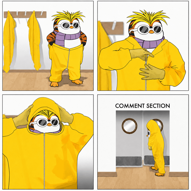 A four-panel cartoon of an anthropomorphic penguin-like character with spiky hair and sunglasses putting on a yellow raincoat, with the final panel labeled 'COMMENT SECTION' showing the character at a doorway.